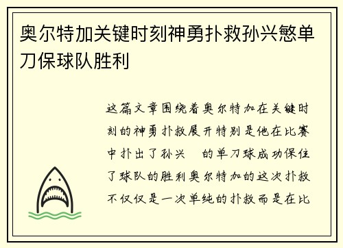 奥尔特加关键时刻神勇扑救孙兴慜单刀保球队胜利 奥尔特加关键时刻神勇扑救孙兴慜单刀保球队胜利